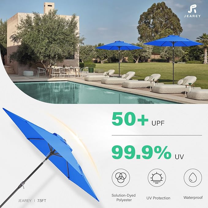 JEAREY 7.5FT Patio Umbrellas Outdoor Umbrella Table Market Umbrella with 6 Ribs,Tilt Button for Pool Deck Backyard Garden,Royal Blue