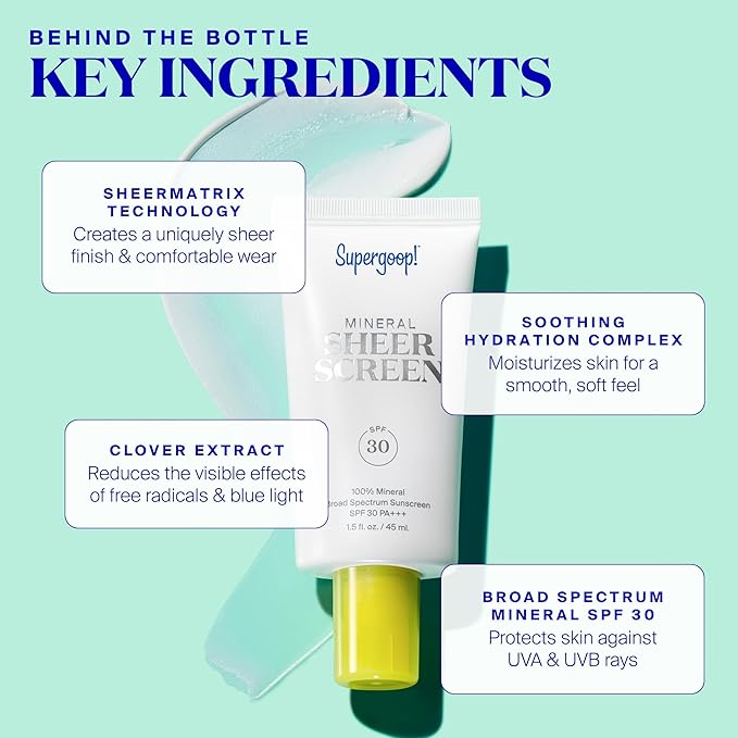 Supergoop! Mineral Sheerscreen SPF 30 PA+++, 0.5 fl oz - 100% Mineral, Broad Spectrum Face Sunscreen + Primer + Helps Filter Blue Light - Satin Finish - For All Skin Types