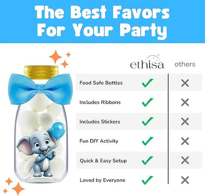 Small 12 Pack Blue Elephant Party Favors - Candy Jars with Ribbons and Stickers - DIY Party Decoration Bottles for Baby Shower, Birthday, Gender Reveal, and Classroom - Boy Table Centerpiece