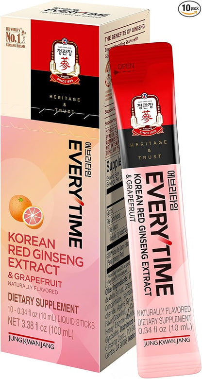Everytime Korean Red Ginseng Extract 1,000mg & Grapefruit - Vegan Ginseng Root Energy Drink Liquid Stick Supplements - Builds Stamina & Immunity, No Caffeine (10 Sticks, 0.34 fl oz)