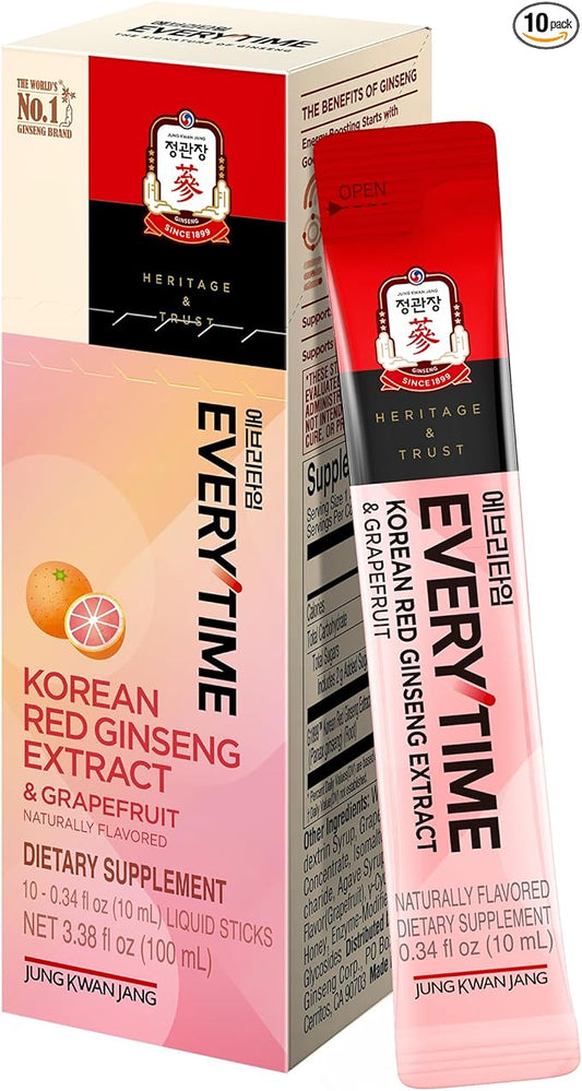 Everytime Korean Red Ginseng Extract 1,000mg & Grapefruit - Vegan Ginseng Root Energy Drink Liquid Stick Supplements - Builds Stamina & Immunity, No Caffeine (10 Sticks, 0.34 fl oz)