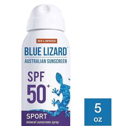 BLUE LIZARD Sport Mineral Sunscreen Spray SPF 50+, Dermatologist-Recommended Brand, Broad-Spectrum UVA/UVB Protection, Water-Resistant, Zinc Oxide Formula, Vegan, 5 fl oz (Pack of 2)