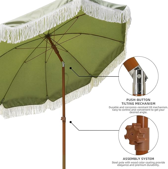 AMMSUN 7ft Patio Umbrella with Fringe Outdoor Tassel Umbrella UPF50+ Premium Steel Pole and Ribs Push Button Tilt, Sage Green