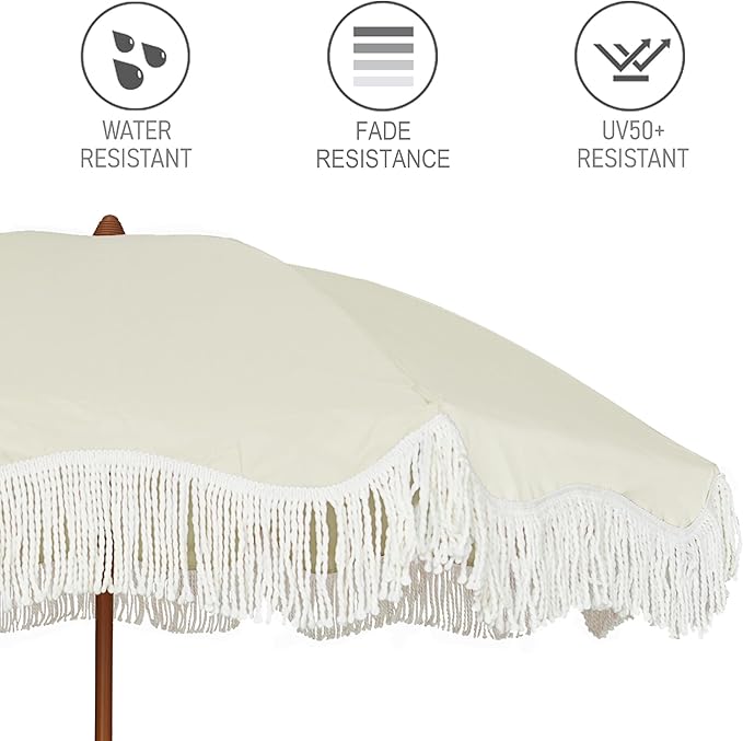 AMMSUN 6.5ft Boho Outdoor Umbrella with Fringe, UPF 50+ Picnic Umbrella with Tassels, Premium Steel Pole and Push Button Tilt, Light Beige