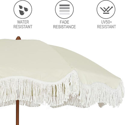 AMMSUN 6.5ft Boho Outdoor Umbrella with Fringe, UPF 50+ Picnic Umbrella with Tassels, Premium Steel Pole and Push Button Tilt, Light Beige