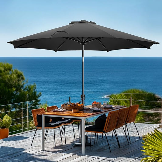 wikiwiki 9 FT Patio Umbrellas Outdoor Table Market Umbrella with Push Button Tilt/Crank,8 Sturdy Ribs, Fade Resistant Waterproof POLYESTER DTY Canopy for Garden, Lawn, Deck, Backyard & Pool, Carbon