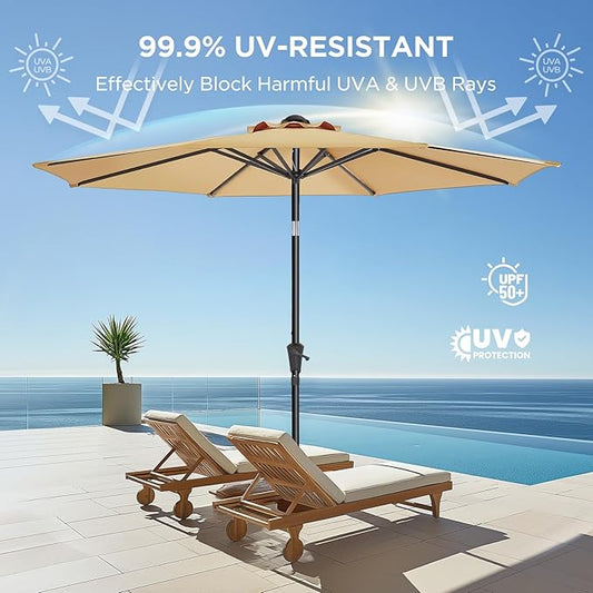 9ft Outdoor Patio Umbrella - Market Table Pool Deck Umbrella UPF50+ UV Protection with Push Button Tilt, Crank and 8 Sturdy Ribs (Beige, No base)