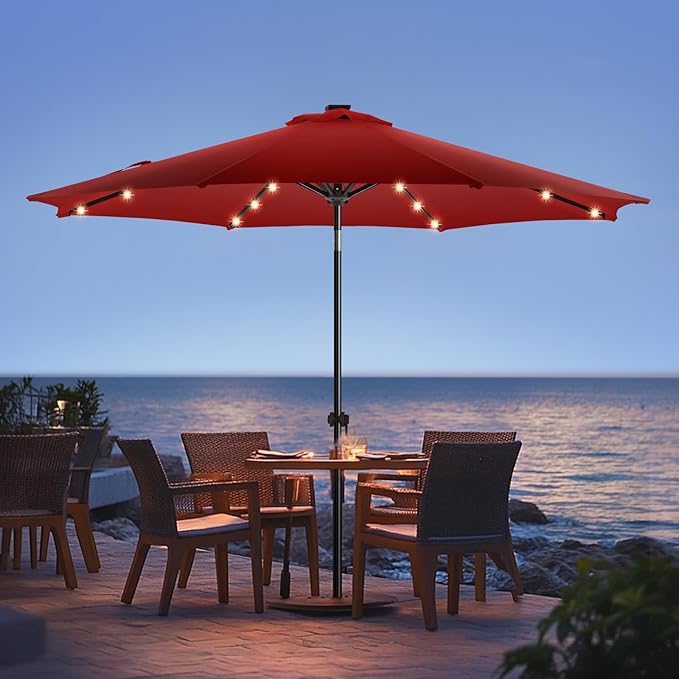wikiwiki 10ft Solar Led Patio Umbrella, Sturdy Outdoor Market Umbrella for Deck, Pool, Garden w/Tilt, Crank, 32 LED Lights, Burgundy Red