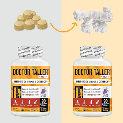 Doctor Taller Kids - Kids Multivitamins, Toddler Vitamins - Support Height Growth, Enhanced Immunity with Calcium, Multivitamins for Ages 2 to 9 - Grape Flavor - 90 Vegan Chewable Tablets | 3 Pack