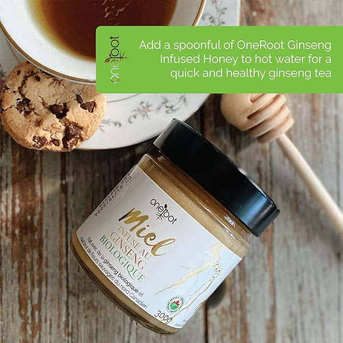 ONEROOT Organic Ginseng Infused Honey 300g (10.6oz) - Infusion of 100% Organic Northern Wildflower Raw Honey and Organic Ontario Ginseng