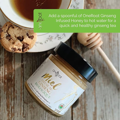 ONEROOT Organic Ginseng Infused Honey 300g (10.6oz) - Infusion of 100% Organic Northern Wildflower Raw Honey and Organic Ontario Ginseng