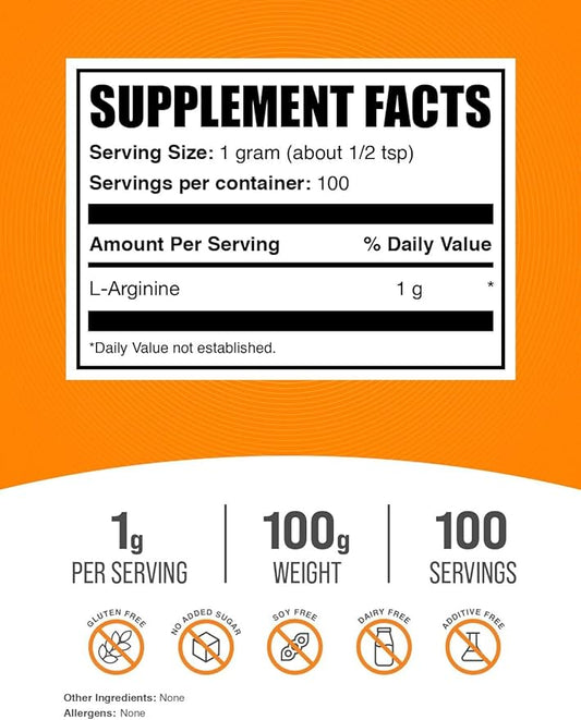 BulkSupplements.com L-Arginine Powder - Arginine 1000mg, Arginine Supplement - Nitric Oxide Supplement, Unflavored & Gluten Free, 1000mg per Serving, 100g (3.5 oz) (Pack of 1)