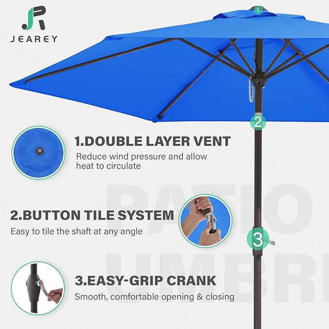 JEAREY 7.5FT Patio Umbrellas Outdoor Umbrella Table Market Umbrella with 6 Ribs,Tilt Button for Pool Deck Backyard Garden,Royal Blue