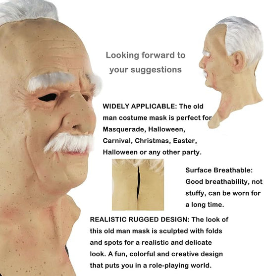 Realistic Old Man Mask Halloween Mask Scary Latex Old Man Grandpa Mask Halloween Wrinkle Face Mask