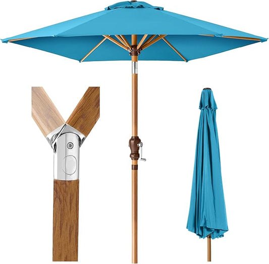 Best Choice Products 10ft Market Umbrella, Outdoor Sun Shade for Backyard, Deck, Poolside, Table w/Woodgrain Pattern, Easy Tilt & Crank - Sky Blue