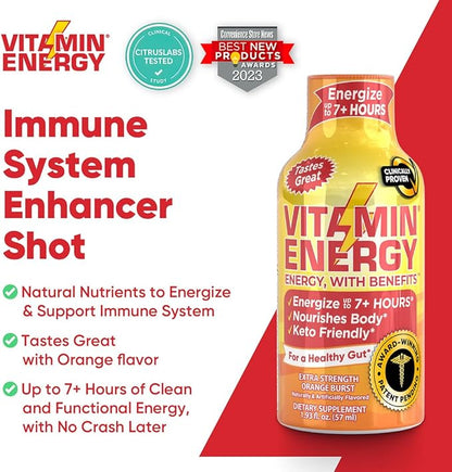 Vitamin Energy Immune+ Extra Strength Energy Shot – Orange Burst – 100% DV B-Vitamins & 260mg Caffeine – Zero Calories, Sugar-Free, Vegan, – Immunity & Energy Support – 1.93 fl oz, 12-Pack
