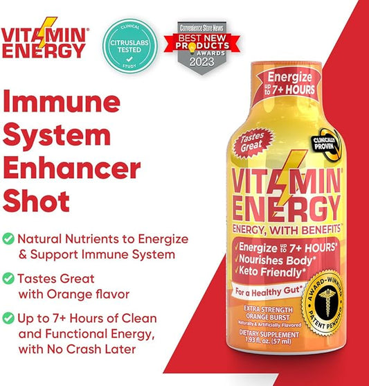 Vitamin Energy Immune+ Extra Strength Energy Shot – Orange Burst – 100% DV B-Vitamins & 260mg Caffeine – Zero Calories, Sugar-Free, Vegan, – Immunity & Energy Support – 1.93 fl oz, 12-Pack