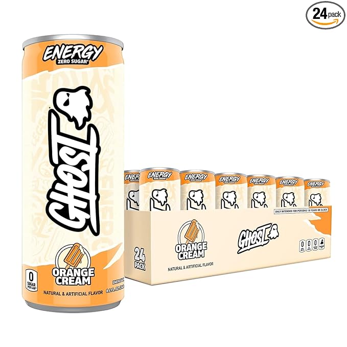 GHOST Energy Drink - 24-Pack, Orange Cream, 8.4oz - Energy & Focus & No Artificial Colors - 100mg of Natural Caffeine, L-Carnitine & Taurine - Gluten-Free & Vegan