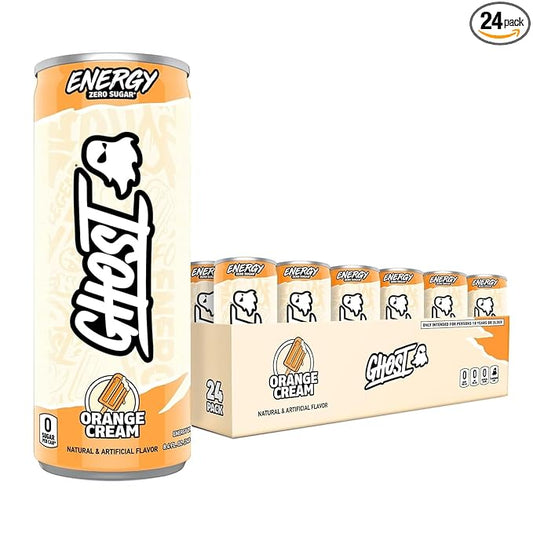 GHOST Energy Drink - 24-Pack, Orange Cream, 8.4oz - Energy & Focus & No Artificial Colors - 100mg of Natural Caffeine, L-Carnitine & Taurine - Gluten-Free & Vegan
