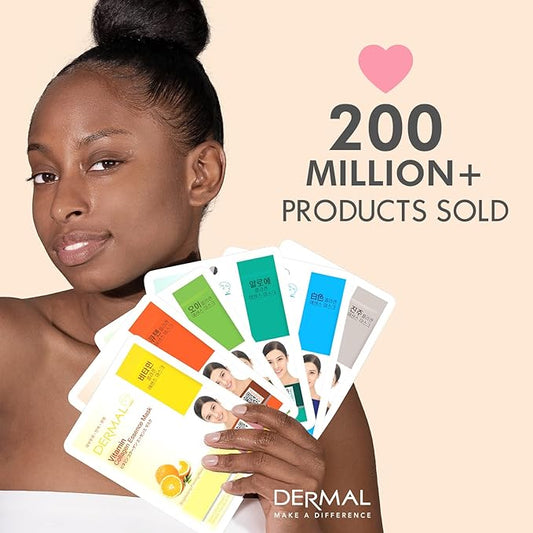 DERMAL Korean Collagen Face Mask – Hydrating & Soothing Sheet Mask with Panthenol – Hypoallergenic Calming Moisture Care for All Skin Types – 32 Combo Pack A+B Set