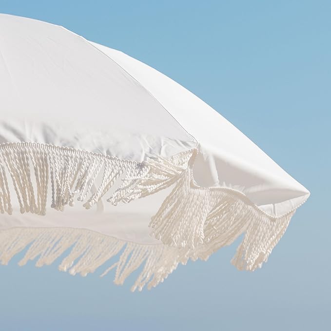 AMMSUN Boho Fringe Umbrella with Outdoor Blanket, 6.5ft UPF50+ Picnic Umbrella with Tassels with Steel Pole & Push Button Tilt, Antique White