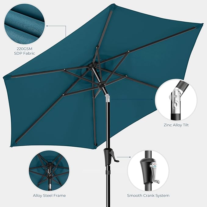 7.5ft Outdoor Patio Umbrella - Market Table Pool Deck Umbrella UPF50+ UV Protection with Push Button Tilt, Crank and 6 Sturdy Ribs (Peacock Blue, No base)