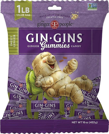 GIN GINS Sweet Ginger Gummies – Natural Fresh Ginger Candy by The Ginger People – Sweet Ginger Gummies Flavor – Large 1 lb Bag (16oz) – Pack of 1