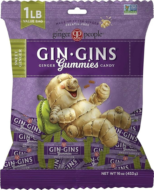 GIN GINS Sweet Ginger Gummies – Natural Fresh Ginger Candy by The Ginger People – Sweet Ginger Gummies Flavor – Large 1 lb Bag (16oz) – Pack of 1