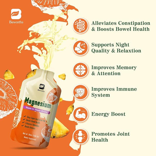 Magnesium Citrate Liquid Supplement 280Mg with Bromelain, Vitamin C, D3, B6, Zinc, High Absorption Magnesium Citrate Drink for Constipation, Zzz & Energy