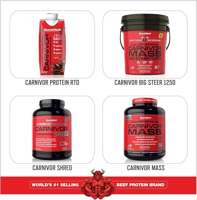 MuscleMeds Carnivor Mass Anabolic Beef Protein Gainer, Vanilla Caramel, 10 Pounds
