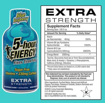 5-Hour ENERGY Shots Extra Strength | Blue Raspberry Flavor | 1.93 oz. 30 Count | Sugar Free, Zero Calories | Amino Acids and Essential B Vitamins | Dietary Supplement | Feel Alert and Energized