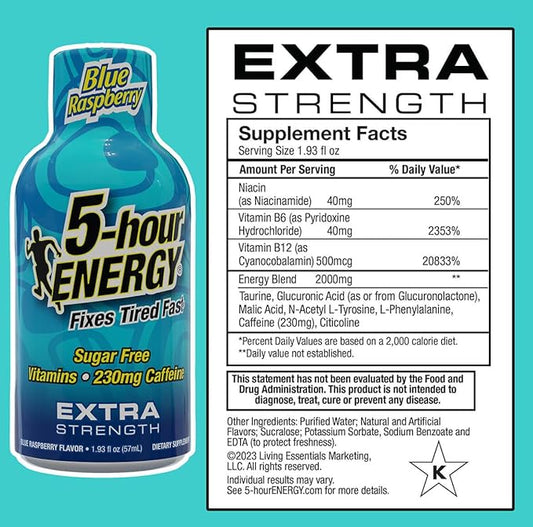 5-Hour ENERGY Shots Extra Strength | Blue Raspberry Flavor | 1.93 oz. 30 Count | Sugar Free, Zero Calories | Amino Acids and Essential B Vitamins | Dietary Supplement | Feel Alert and Energized