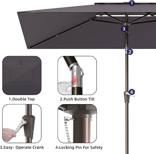 6.6x10ft Rectangular Patio Umbrella, 2 Tiers Outdoor Table Umbrellas with Push Button Tilt and Crank for Patio, Pool, Backyard, Deck, Picnic, Yard (Grey)