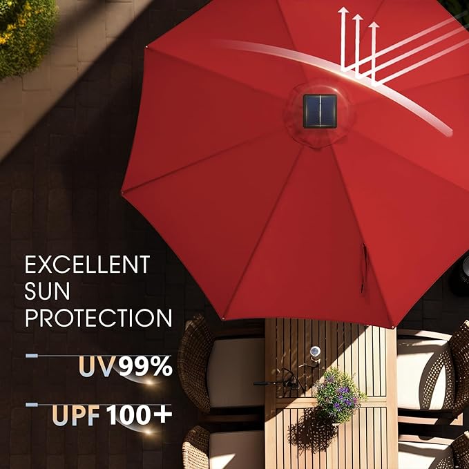 wikiwiki 10ft Solar Led Patio Umbrella, Sturdy Outdoor Market Umbrella for Deck, Pool, Garden w/Tilt, Crank, 32 LED Lights, Red