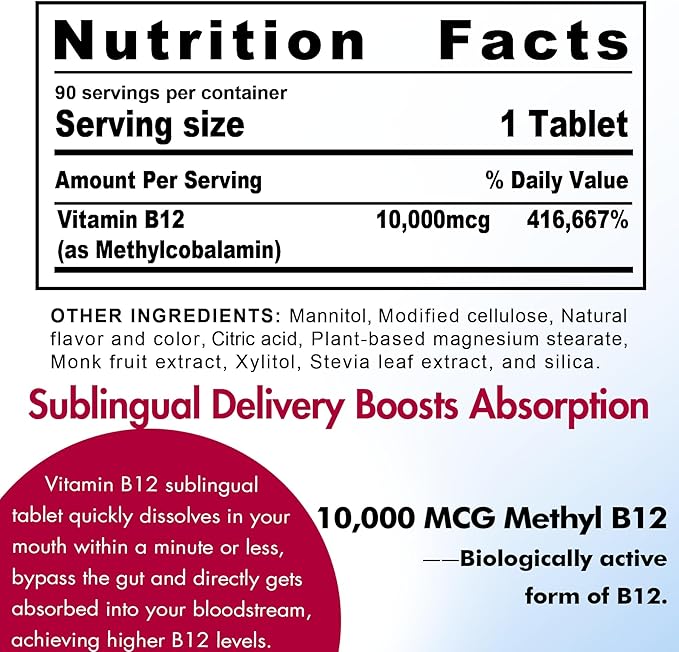 Vitamin B12, Methylcobalamin 10000 mcg, Bioactive B12 Vitamins, Vegan Methyl B12 For Energy Metabolism & Cells, Boost Immune System, Natural Strawberry Flavor, Zero Sugar, 90 Fast Dissolve Tablets