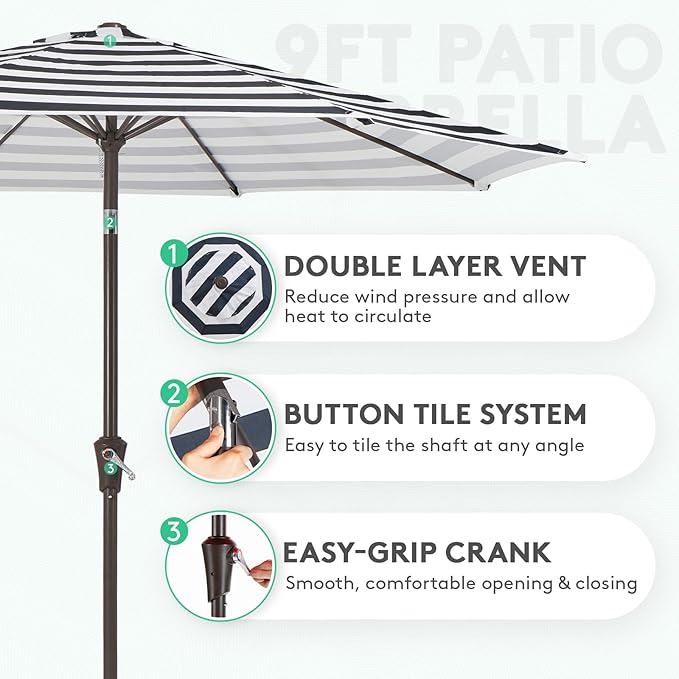 JEAREY 9FT Outdoor Patio Umbrella Outdoor Table Umbrella with Push Button Tilt and Crank, Market Umbrella 8 Sturdy Ribs UV Protection Waterproof for Garden, Deck, Backyard, Pool (Black & White Stripe)