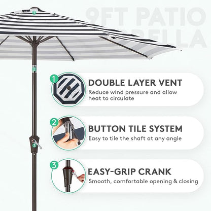 JEAREY 9FT Outdoor Patio Umbrella Outdoor Table Umbrella with Push Button Tilt and Crank, Market Umbrella 8 Sturdy Ribs UV Protection Waterproof for Garden, Deck, Backyard, Pool (Black & White Stripe)