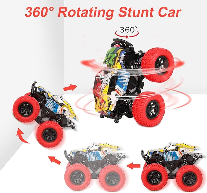 M SANMERSEN Monster Truck Toys for Ages 2-4, Friction Cars for Toddlers 1-3 Push and Go 360° Rotating Stunt Car for 2+ Year Old Boys Girls Gifts (2 Pack - Red and Yellow)