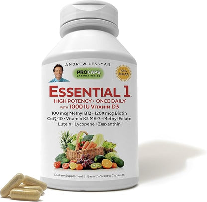 ANDREW LESSMAN Essential-1 Multivitamin 1000 IU Vitamin D3 60 Small Capsules – 100 mcg Methyl B12. CoQ10 Lutein Lycopene Zeaxanthin. High Potency. No Additives. Gentle Ultra-Mild. One Daily Capsule