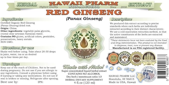 Red Ginseng Alcohol-Free Liquid Extract, Organic Red Ginseng (Panax Ginseng) Dried Root Glycerite Natural Herbal Supplement, Hawaii Pharm, USA 32 fl.oz