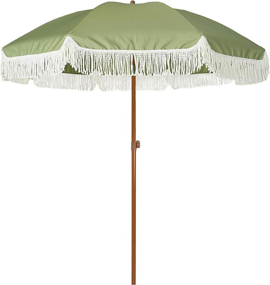 AMMSUN 7ft Patio Umbrella with Fringe Outdoor Tassel Umbrella UPF50+ Premium Steel Pole and Ribs Push Button Tilt, Sage Green