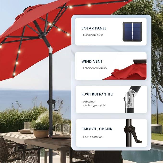 wikiwiki 10ft Solar Led Patio Umbrella, Sturdy Outdoor Market Umbrella for Deck, Pool, Garden w/Tilt, Crank, 32 LED Lights, Red