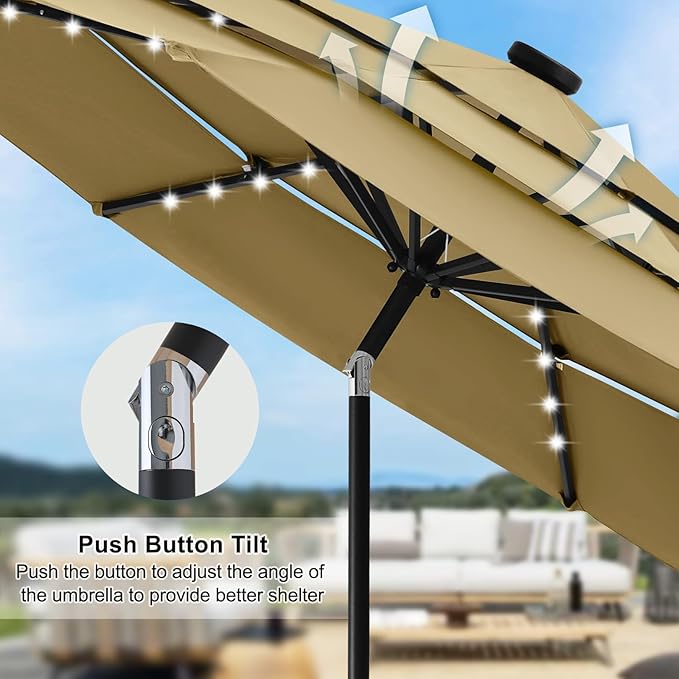 ABCCANOPY Solar Led Patio Umbrellas 3-Tiers 11FT (Khaki)
