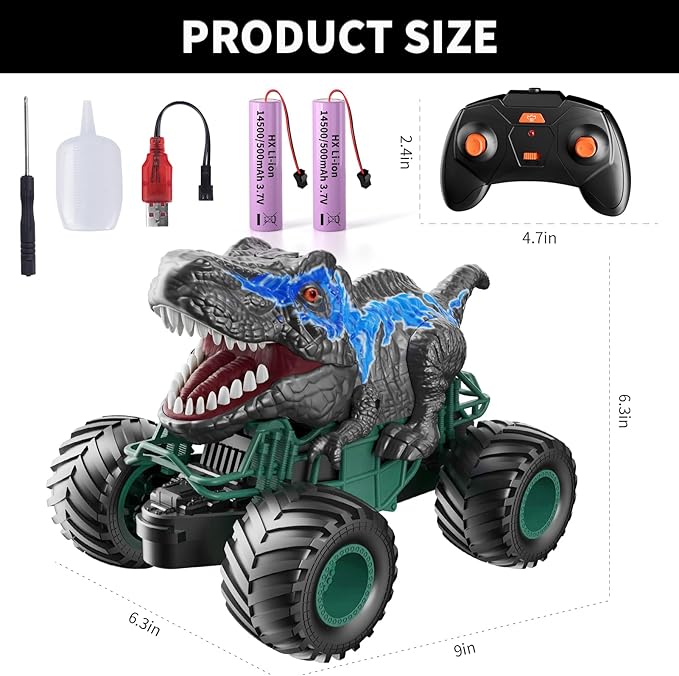 Bennol 2.4GHz Dinosaur Remote Control Car Toys for Kids Boys 4-7 5-7 8-12, RC Dinosaur Car Toys with Light, Sound, Spray, Indoor Outdoor Toys Gifts for 3 4 5 6 Year Old Boys, RC Car Toys for Boys