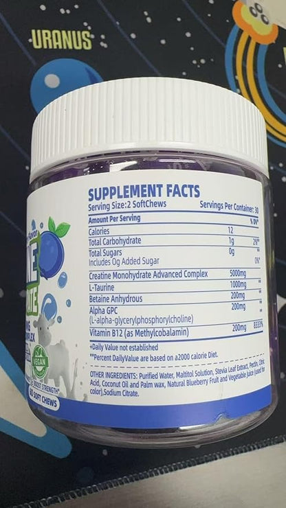 Creatine Monohydrate Chews Complex 6400mg for Men & Women -Advanced Formula W/L-Taurine + Vitamin B12, Sugar Free Chewable Supplement,60 Blueberry Softchews