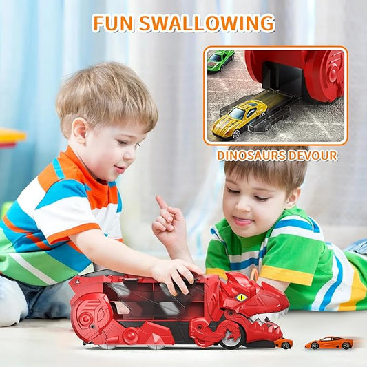 Dinosaur Transport Truck Toys - 9-in-1 Car Carrier & Track Set with 8 Mini Cars, Dino Monster Truck for Kids 3-12, Push & Pull Toy, Race & Storage Gift for Boys Girls (Red)