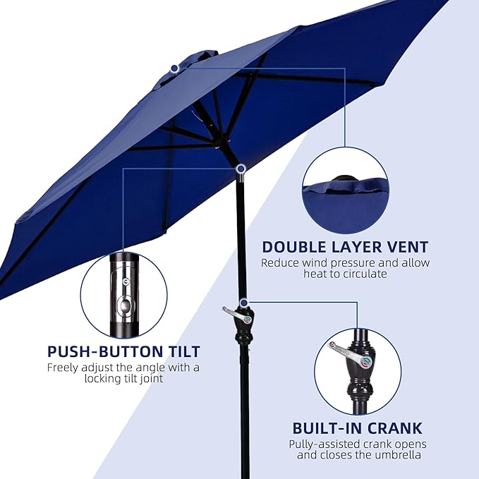 9FT Outdoor Patio Umbrella with Push Button Tilt and Crank, Beach Umbrella for Sun Shades, Market Umbrella with 6 Sturdy Metal Ribs, UV Resistant Waterproof for Garden, Backyard, Deck, Pool