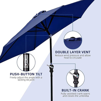 9FT Outdoor Patio Umbrella with Push Button Tilt and Crank, Beach Umbrella for Sun Shades, Market Umbrella with 6 Sturdy Metal Ribs, UV Resistant Waterproof for Garden, Backyard, Deck, Pool