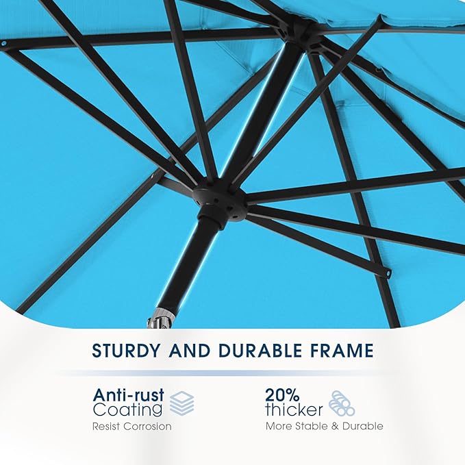 wikiwiki 9 FT Patio Umbrellas Outdoor Table Market Umbrella with Push Button Tilt/Crank, 8 Sturdy Ribs, Fade Resistant Waterproof POLYESTER DTY Canopy for Garden, Lawn, Deck, Backyard & Pool, Sky Blue