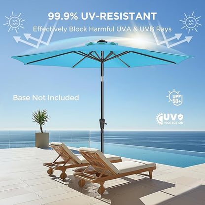 9ft Outdoor Patio Umbrella - UPF50+ UV Protection Market Patio Table Umbrella with Push Button Tilt, Crank and 8 Sturdy Ribs for Pool Deck and Garden (Light Blue, No base)